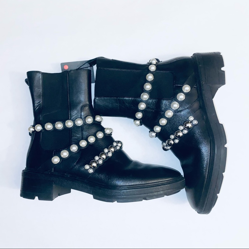 Zara | Pearl Chained Leather Ankle Boots